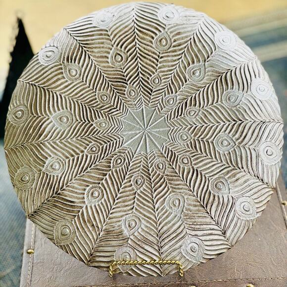 14” Embossed Mandala Platter – Boho Peacock Feather - Picture 4 of 5